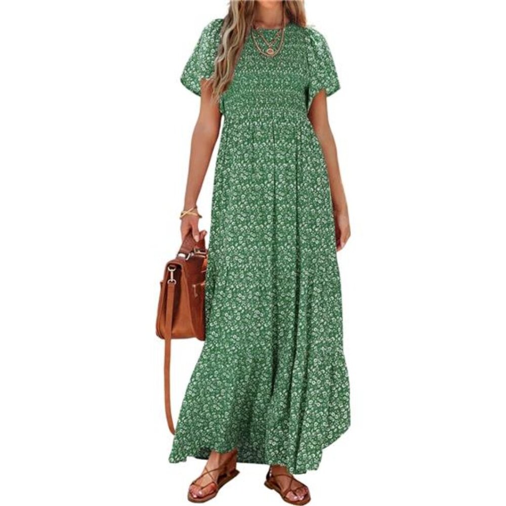 PRETTYGARDEN Women's 2025 Summer Casual Flutter Short Sleeve Boho Floral Maxi